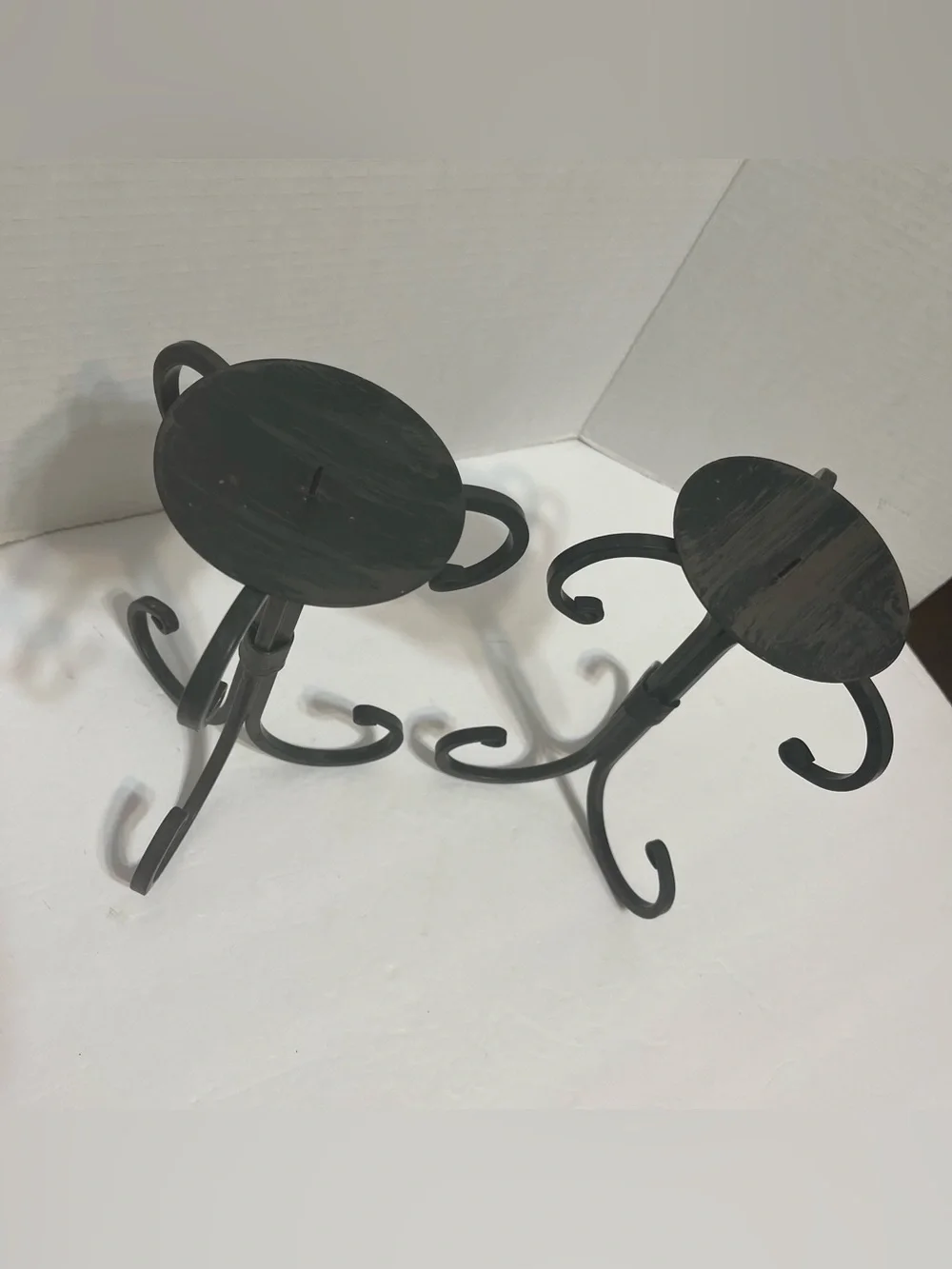 Decorative Black Metal Candle Holders with brown brush finish Pair scrolled legs